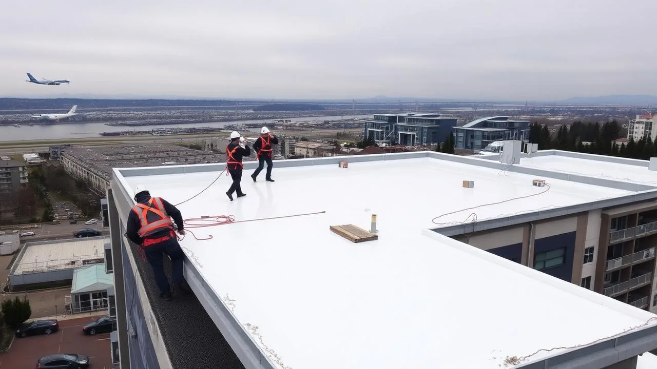 Richmond BC mid-rise strata building rooftop during flat roof replacement with white TPO single-ply membrane being installed, roofing crew in orange safety harnesses, Fraser River delta and Vancouver International Airport visible in the distance under overcast Pacific Northwest sky