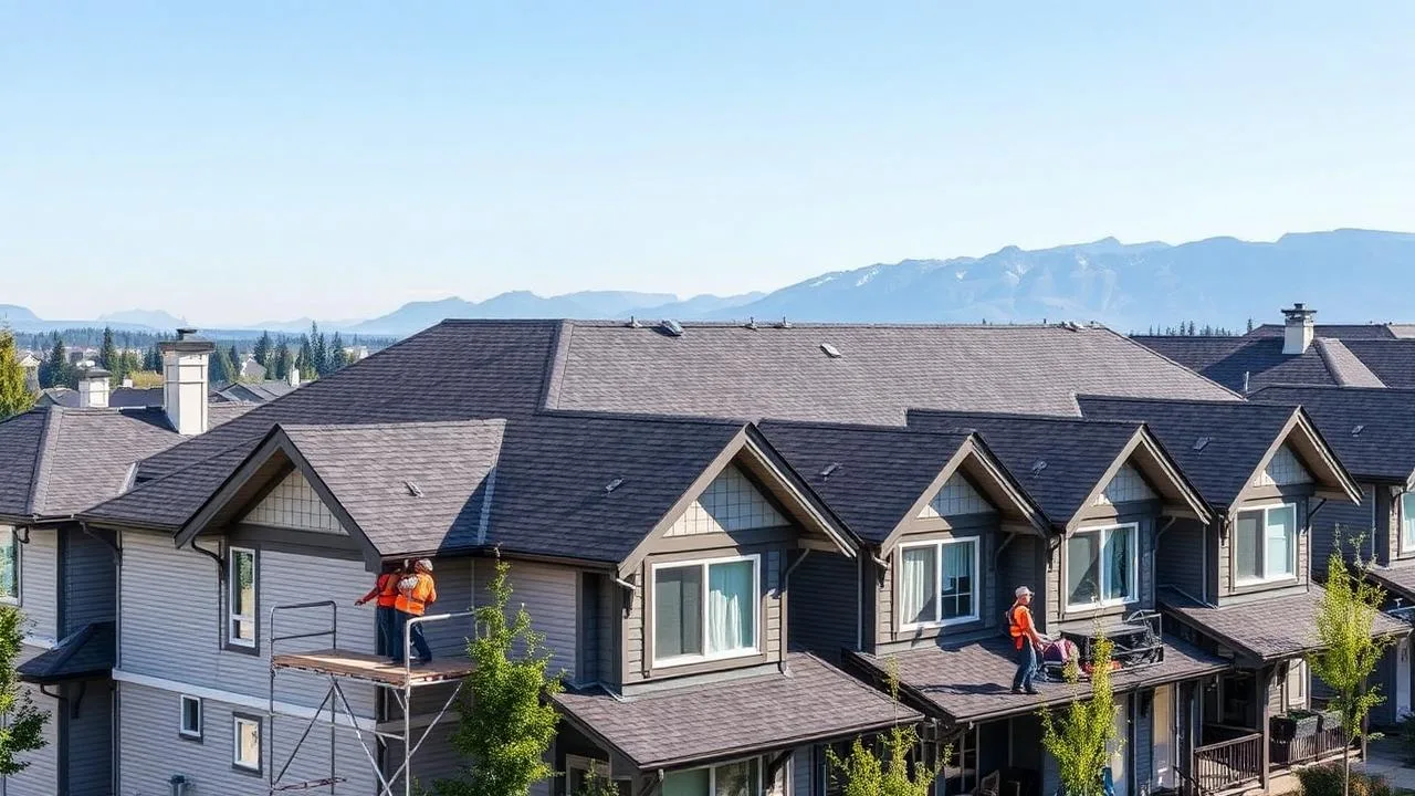Surrey BC strata townhouse complex with newly installed dark grey architectural asphalt shingle roofs, peaked gables, scaffolding around one wing, roofing crew in orange high-visibility safety harnesses and Coast Mountains in the background under a bright clear Fraser Valley sky
