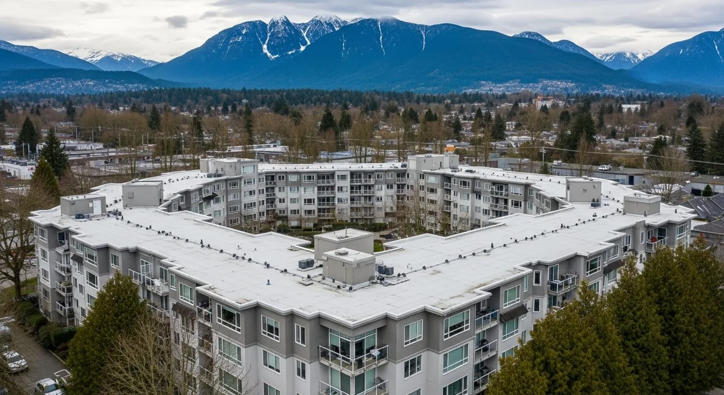 Professional strata roofing crew installing a new flat roof system in Vancouver BC